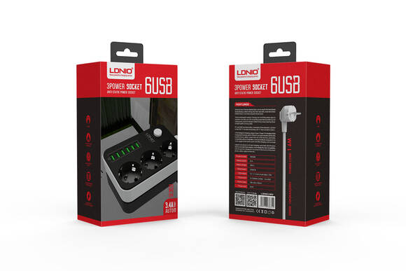 Ldnio SE3631 Anahtarlı 6 USB'li 3'lü 1.6 m Akım Korumalı Priz