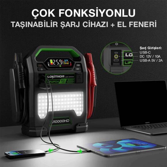Lokithor J10000HD 12V/24V 10.000Amp LiFePO4 Akıllı Akü Takviye + Powerbank + Led Lamba - 6
