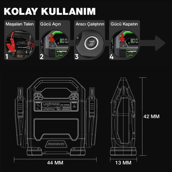 Lokithor J10000HD 12V/24V 10.000Amp LiFePO4 Akıllı Akü Takviye + Powerbank + Led Lamba - 8