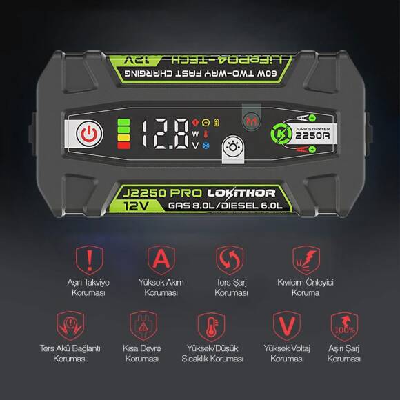 Lokithor J2250PRO 12V 2250Amp LiFePO4 Akıllı Akü Takviye + Powerbank + Led Lamba - 7