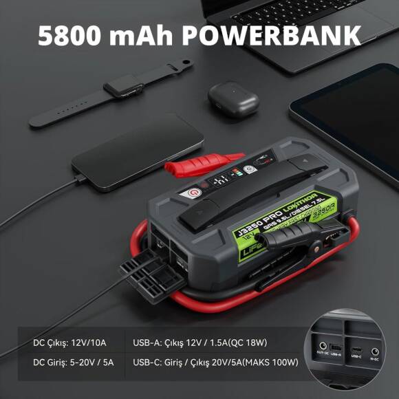 Lokithor J3250PRO 12V 3250Amp LiFePO4 Akıllı Akü Takviye + Powerbank + Led Lamba - 5