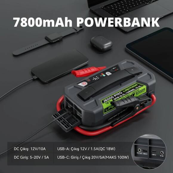 Lokithor J5000PRO 12V 5000Amp LiFePO4 Akıllı Akü Takviye + Powerbank + Led Lamba - 5