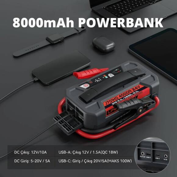 Lokithor J701HD 24V 4000Amp Li-Polimer Akıllı Akü Takviye + Powerbank + Led Lamba - 5
