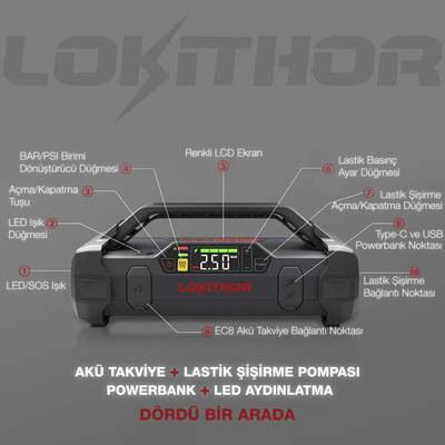 LOKITHOR JA300 12V 1500Amp Li-Polimer Akıllı Akü Takviye + Pompa + Powerbank + Led Lamba - Thumbnail