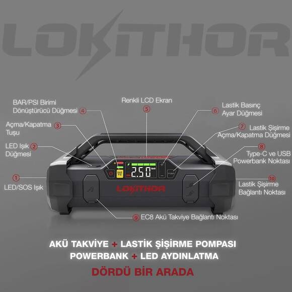 LOKITHOR JA300 12V 1500Amp Li-Polimer Akıllı Akü Takviye + Pompa + Powerbank + Led Lamba