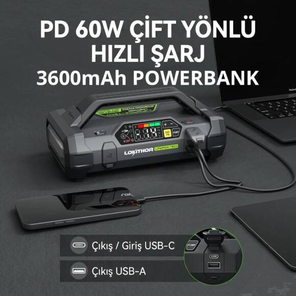 Lokithor JA3000PRO 12V 3000Amp LiFePO4 Akıllı Akü Takviye + Pompa + Powerbank + Led Lamba - 4