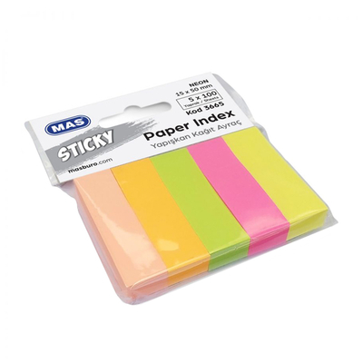 Mas - Mas 3665 Yapışkanlı Kağıt Ayraç 15*50 Neon 100 S 5 Renk