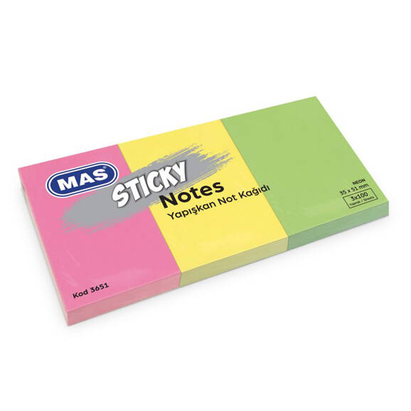 Mas 3651 Yapışkanlı Not Kağıdı 35*51 Neon 100 S 3 Renk Blok