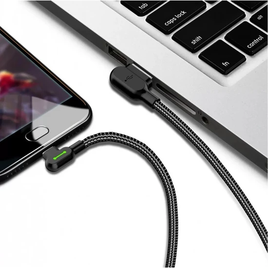 Mcdodo CA-4673 iPhone 90 Derece Çift Yönlü Siyah Ledli Örgü Kablo 1.8 m 2A Siyah