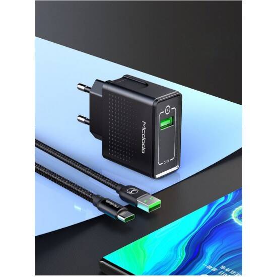 Mcdodo CH-5800 Vooc 22.5W 5A Tek USB Çıkışlı + Type C Kablolu Seyahat Şarj Set Siyah