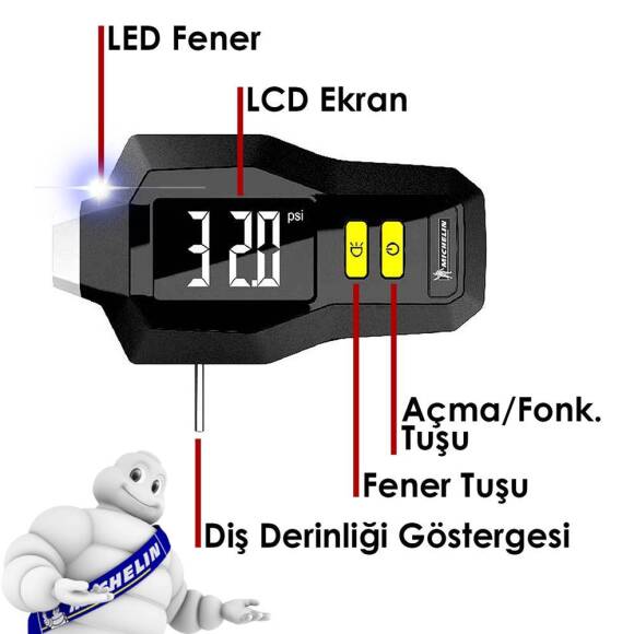 Michelin MC12293 99PSI Dijital Lastik Basınç ve Derinlik Ölçer - 5