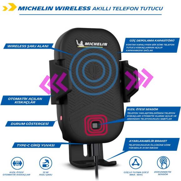 Michelin MC33368 Wireless Telefon Şarj Cihazı ve Dokunmatik Akıllı Telefon Tutucu - 3