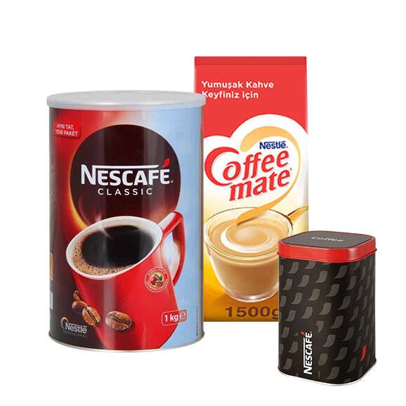 Nescafe Classic Kahve Teneke 1 kg ve Coffee Mate 1.5 kg Alana Saklama Kutusu Hediye