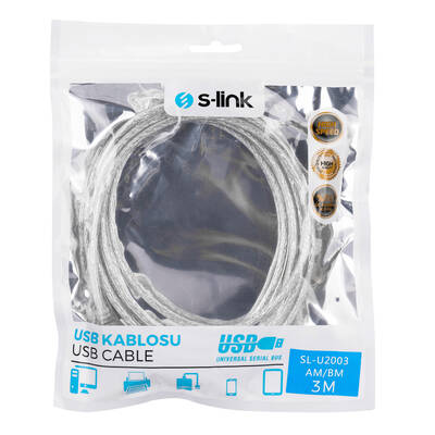 S-link SL-U2003 Usb2.0 3m Şeffaf Yazıcı Kablo - 3