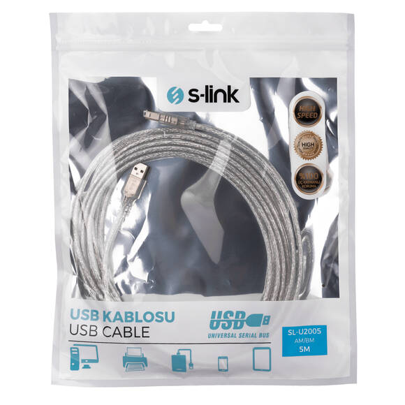 S-link SL-U2005 Usb2.0 5m Şeffaf Yazıcı Kablo