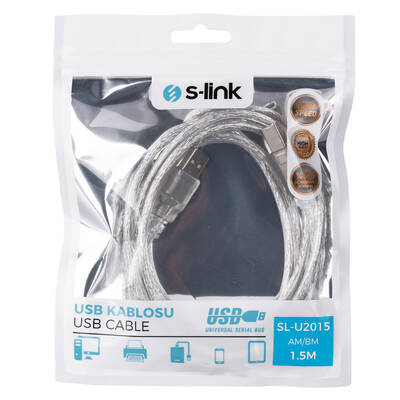 S-link SL-U2015 Usb2.0 1.5m Şeffaf Yazıcı Kablosu - Thumbnail