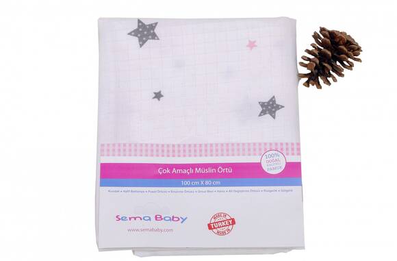 Sema Baby Çok Amaçlı Müslin Örtü 100x80 cm - Pembe Yıldız 8682476853124 - 2