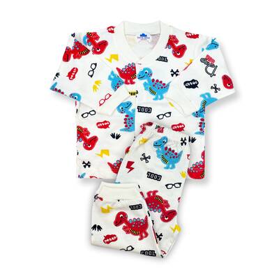 Sema Bebe - Sema Baby Sevimli Dino Bebek Pijama Takımı 6-9 Ay ( Kırmızı - Mavi )