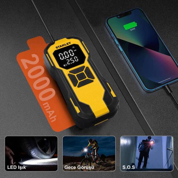 STANLEY SXIF0101 12V / Şarjlı Li-ion 150 PSI Dijital Göstergeli Akıllı Lastik Şişirme Pompası+Powerbank+SOS+Led Lamba - 5