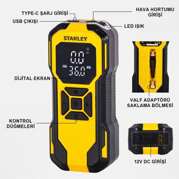 STANLEY SXIF0101 12V / Şarjlı Li-ion 150 PSI Dijital Göstergeli Akıllı Lastik Şişirme Pompası+Powerbank+SOS+Led Lamba - 9