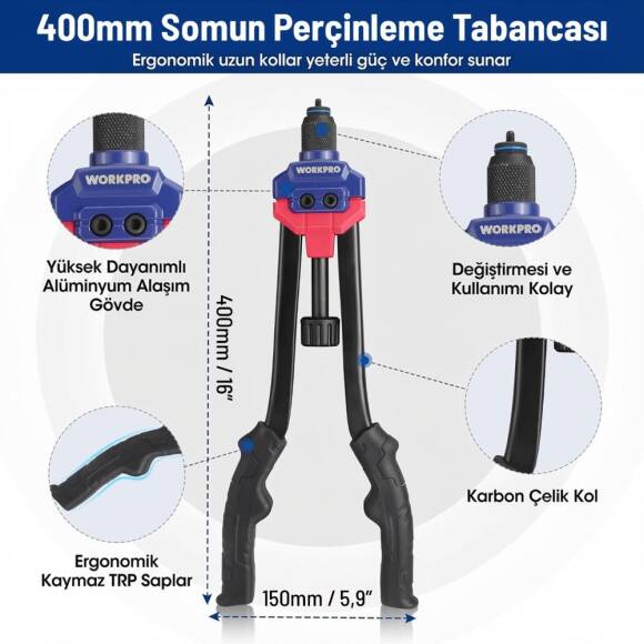 WORKPRO WP200532 400mm INC/MM Ağır Hizmet Kollu Somun Perçinleme Tabancası + 185 Adet Perçin - 2