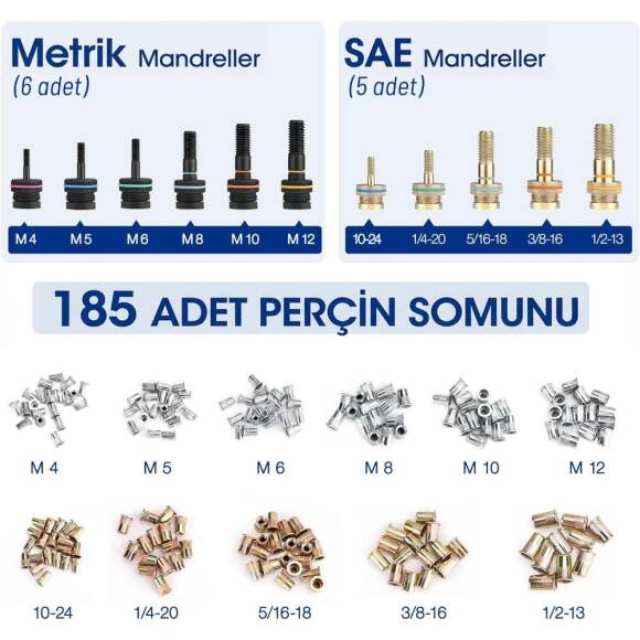 WORKPRO WP200532 400mm INC/MM Ağır Hizmet Kollu Somun Perçinleme Tabancası + 185 Adet Perçin - 3