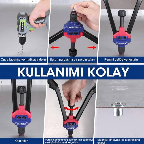 WORKPRO WP200532 400mm INC/MM Ağır Hizmet Kollu Somun Perçinleme Tabancası + 185 Adet Perçin - 6