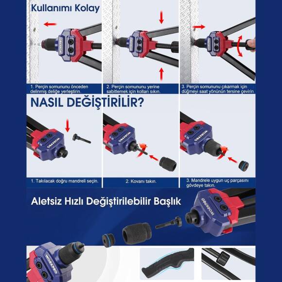 WORKPRO WP200532 400mm INC/MM Ağır Hizmet Kollu Somun Perçinleme Tabancası + 185 Adet Perçin - 7