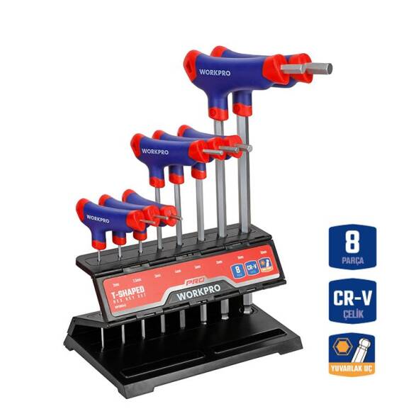 WORKPRO WP200542 8 Parça CR-V Top Başlı T Tipi Uzun Profesyonel Allen Anahtar Takımı - 1
