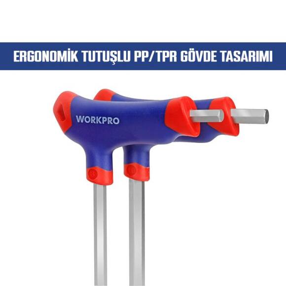 WORKPRO WP200542 8 Parça CR-V Top Başlı T Tipi Uzun Profesyonel Allen Anahtar Takımı - 3