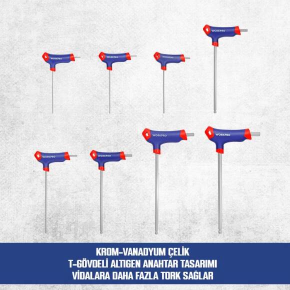 WORKPRO WP200542 8 Parça CR-V Top Başlı T Tipi Uzun Profesyonel Allen Anahtar Takımı - 7