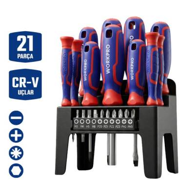 WORKPRO WP200551 21 Parça CR-V Duvar Askı Aparatlı Profesyonel Manyetik Tornavida Seti - Workpro