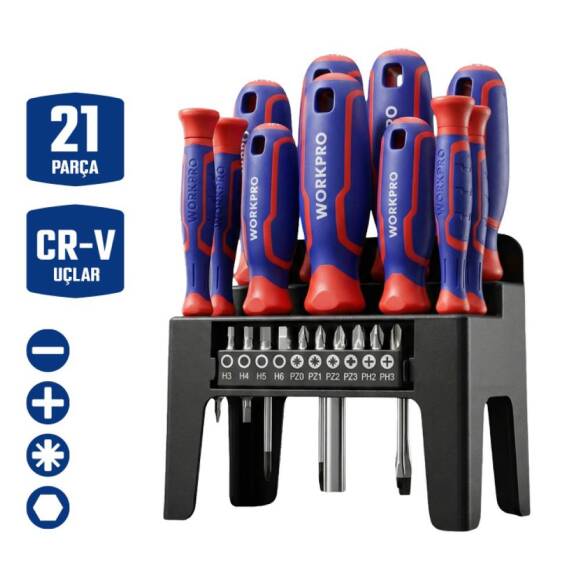 WORKPRO WP200551 21 Parça CR-V Duvar Askı Aparatlı Profesyonel Manyetik Tornavida Seti - 1