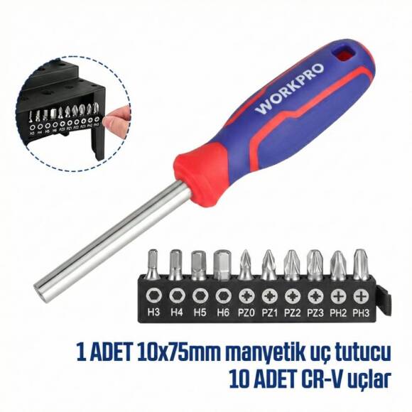 WORKPRO WP200551 21 Parça CR-V Duvar Askı Aparatlı Profesyonel Manyetik Tornavida Seti - 10