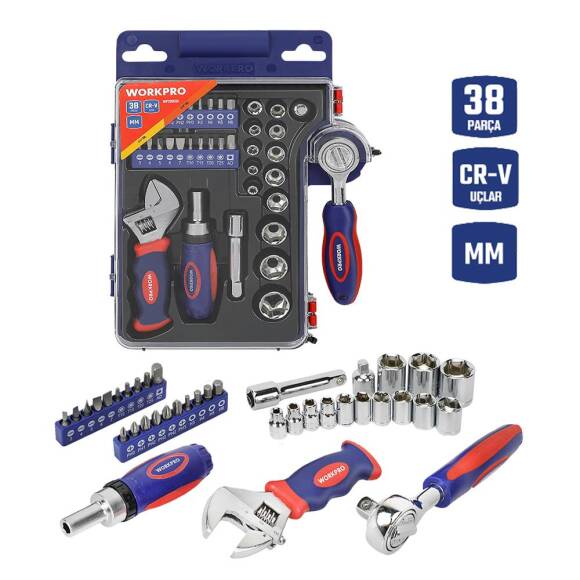 WORKPRO WP200555 1/4'’ 1/2’’ 38 Parça Cr-V Lokma ve Topaç Cırcır Araç Tamir Seti - 1