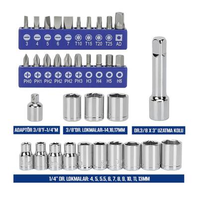 WORKPRO WP200555 1/4'’ 1/2’’ 38 Parça Cr-V Lokma ve Topaç Cırcır Araç Tamir Seti - 3