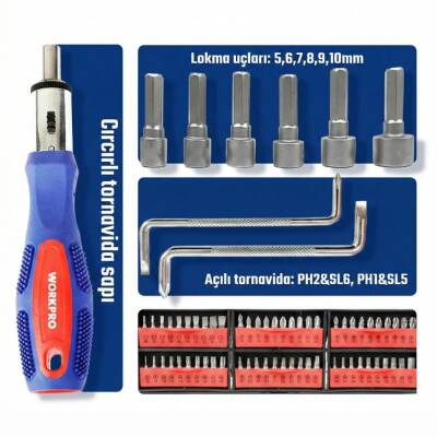 WORKPRO WP200560 100 Parça Duvar Askı Aparatlı Profesyonel CR-V Manyetik Tornavida ve Bits Uç Seti - 10
