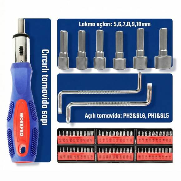 WORKPRO WP200560 100 Parça Duvar Askı Aparatlı Profesyonel CR-V Manyetik Tornavida ve Bits Uç Seti - 10