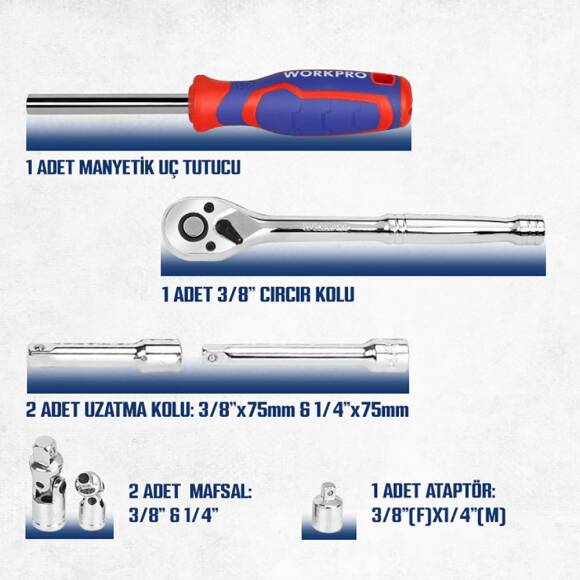 WORKPRO WP202524 1/4'’ 3/8’’ Metrik 75 Parça Cr-V Profesyonel Lokma Takımı - 5