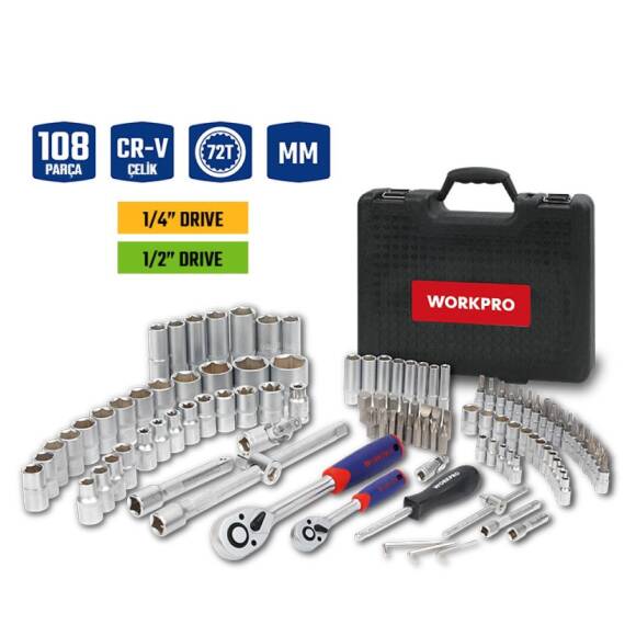 WORKPRO WP202535 1/4'’ 1/2'’ 108 Parça Cr-V Metrik Profesyonel Lokma Takımı - 1