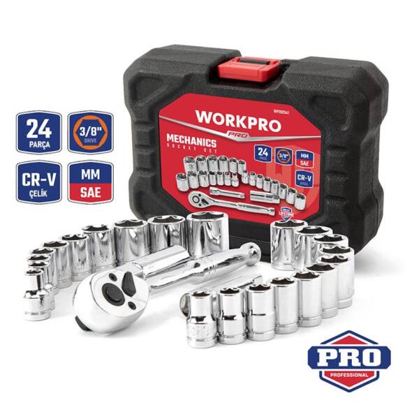 WORKPRO WP202541 3/8'’ CR-V 24 Parça Metrik/İnç Ağır Hizmet Lokma Takımı - 1
