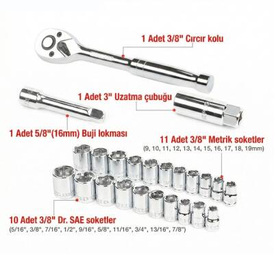 WORKPRO WP202541 3/8'’ CR-V 24 Parça Metrik/İnç Ağır Hizmet Lokma Takımı - 8