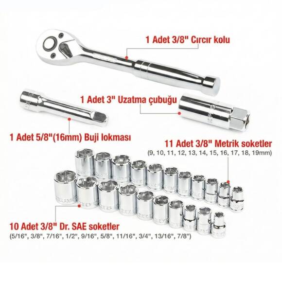 WORKPRO WP202541 3/8'’ CR-V 24 Parça Metrik/İnç Ağır Hizmet Lokma Takımı - 8