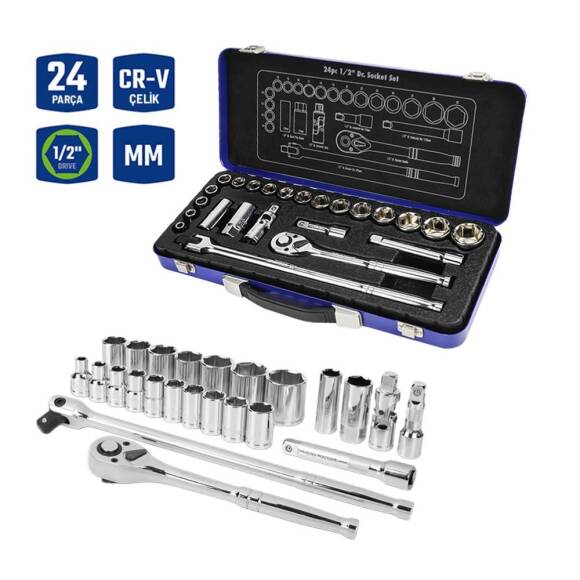 WORKPRO WP202564 1/2'’ Cr-V 24 Parça Metrik Ağır Hizmet Lokma Takımı - 1