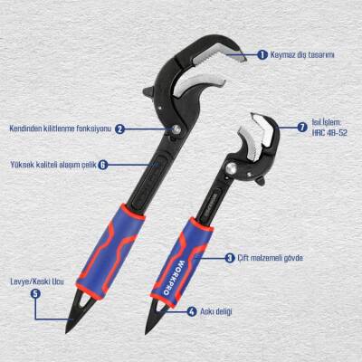 WORKPRO WP202574 2 Parça Otomatik Kilitlemeli Çok Fonksiyonlu Profesyonel Boru Anahtarı/ Levye Seti - 9