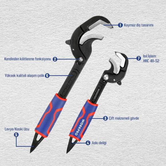 WORKPRO WP202574 2 Parça Otomatik Kilitlemeli Çok Fonksiyonlu Profesyonel Boru Anahtarı/ Levye Seti - 9