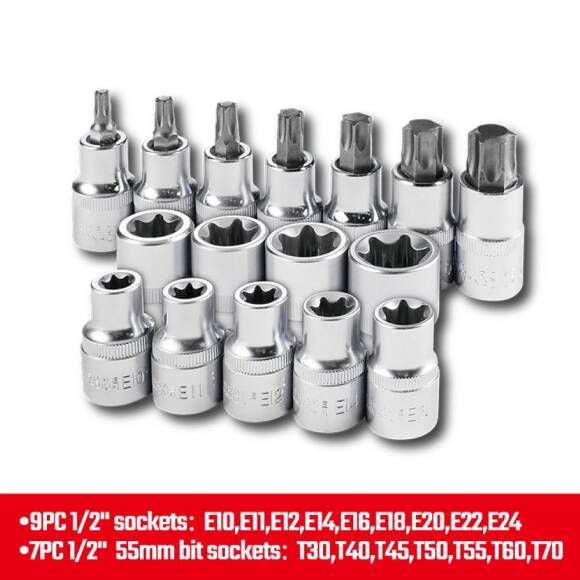 WORKPRO WP202596 1/2'’ CR-V 16 Parça Ağır Hizmet Torx Lokma Soketi / Ucu - 6