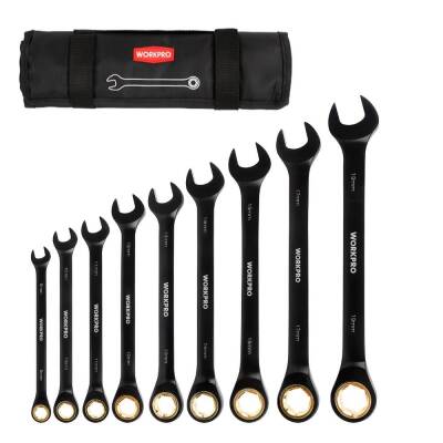 WORKPRO WP202602 8-19mm 9 Parça CR-V Profesyonel Cırcır Kombine Anahtar Takımı + Bez Taşıma Kılıfı - Workpro