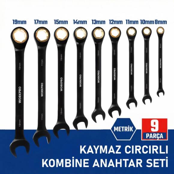 WORKPRO WP202602 8-19mm 9 Parça CR-V Profesyonel Cırcır Kombine Anahtar Takımı + Bez Taşıma Kılıfı - 2