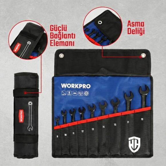 WORKPRO WP202602 8-19mm 9 Parça CR-V Profesyonel Cırcır Kombine Anahtar Takımı + Bez Taşıma Kılıfı - 3